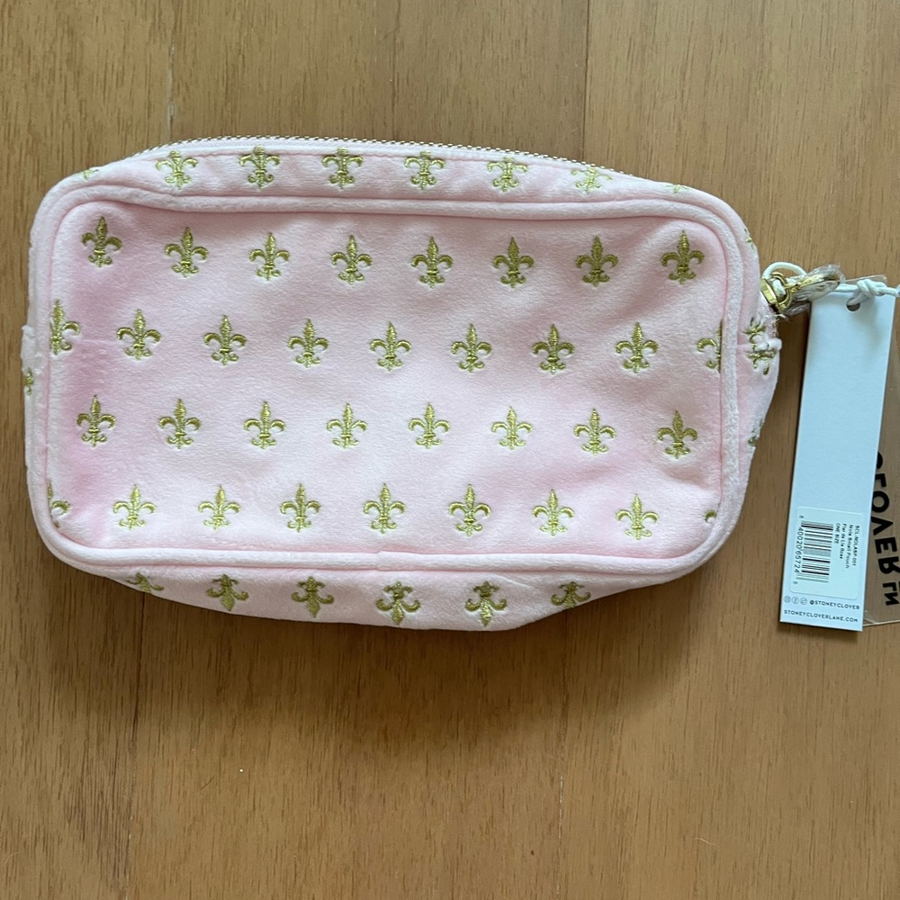 Stoney clover lane SCL small pouch fleur de lis velvet pink embroidered Nola